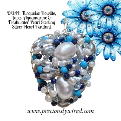 Turquoise Howlite Lapis Aquamarine Silver Pearl Sterling Silver Heart OOAK Pendant