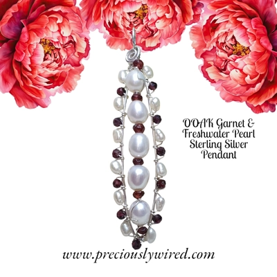 Garnet Pearl Sterling Wire Wrapped Pointed Oval OOAK Pendant
