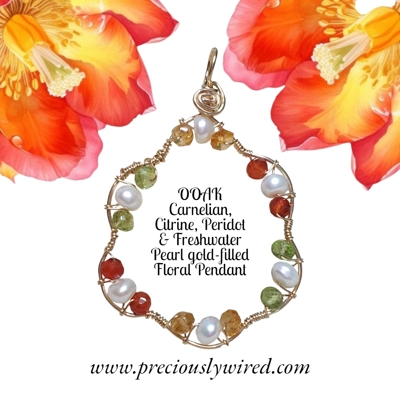 Carnelian Citrine Peridot Pearl gold filled Wire wrapped Floral OOAK Pendant