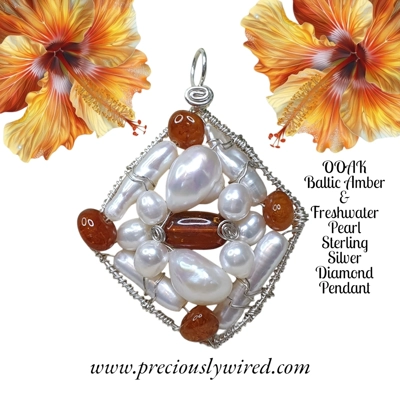 Amber Pearl Sterling Silver Wire wrapped Diamond OOAK Pendant