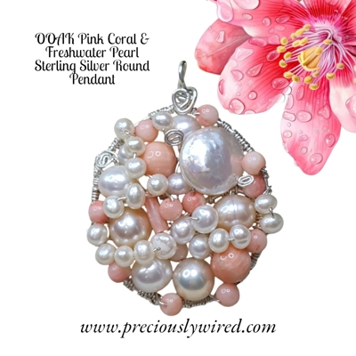 Coral Pearl Sterling Silver Wire wrapped Round OOAK Pendant