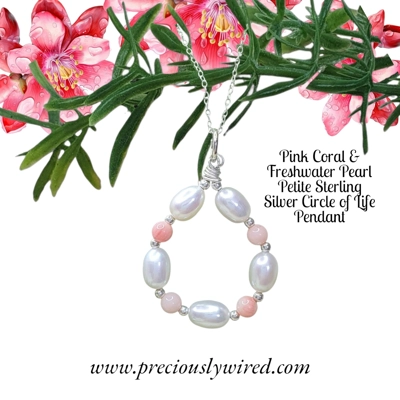 Coral Pink & Pearl Circle of Life Small Sterling Silver Pendant