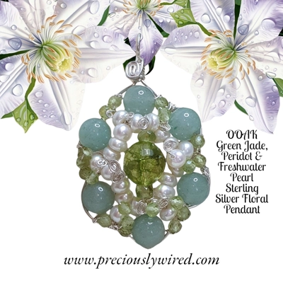 Jade Peridot Pearl Sterling Wire Wrapped Floral OOAK Pendant