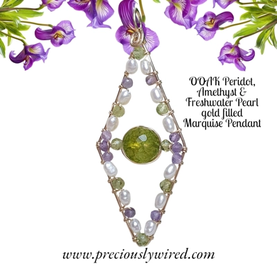 Peridot Amethyst Pearl 14kt yellow gold filled Wire wrapped Diamond OOAK Pendant