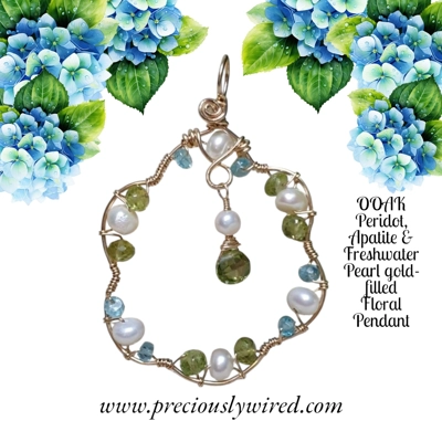 Apatite Peridot Pearl gold filled Wire wrapped Floral OOAK Pendant