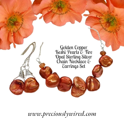 Opal Fire Keshi Pearl Golden Copper Sterling Necklace Earrings Set