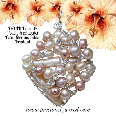 Pearl Blush Peach Sterling Silver Wire Wrapped Diamond OOAK Pendant
