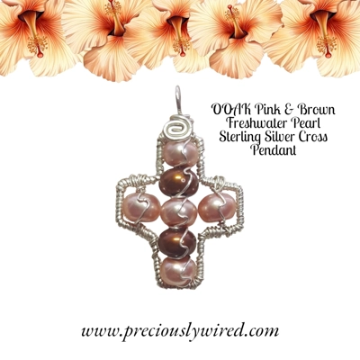 Pearl Pink & Brown Sterling Silver small Cross OOAK Pendant