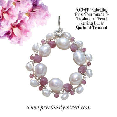 Rubellite Tourmaline Pearl Sterling Wire Wrapped Round Garland OOAK Pendant