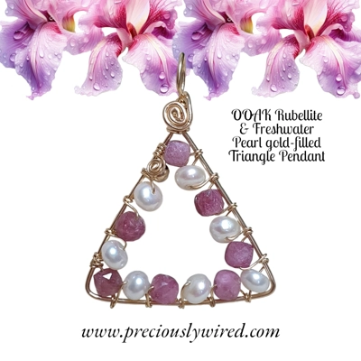 Rubellite Pearl Yellow Gold Filled Wire Wrapped Triangle OOAK Pendant