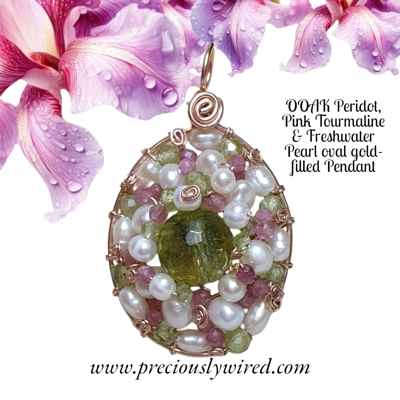 Peridot Tourmaline Pearl 14kt Rose Gold filled Wire Wrapped Oval OOAK Pendant