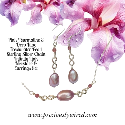 Pink Tourmaline Lilac Pearl Sterling Chain Infinity Necklace Earrings Set