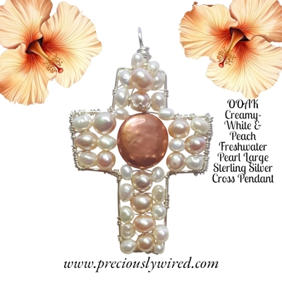 Pearl Peach Cream Sterling Silver Large Cross OOAK Pendant