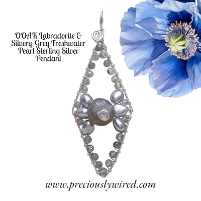 Labradorite Gunmetal Pearl Sterling Wire Wrapped Diamond OOAK Pendant