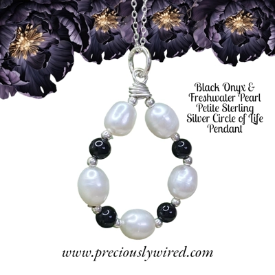 Black Onyx & Pearl Circle of Life Small Sterling Silver Pendant