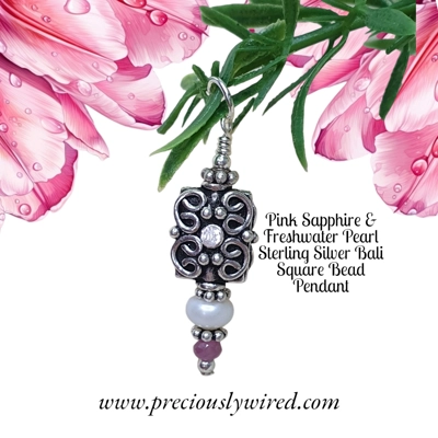 Sapphire Pink & Pearl Bali Square Bead Sterling Pendant