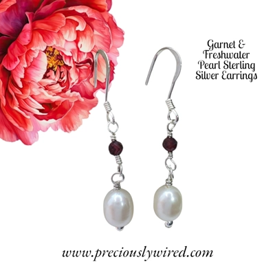 Garnet & White Pearl Sterling Silver Drop Earrings