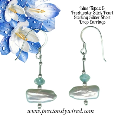 Topaz Blue & Pearl Stick White Sterling Short Drop Earrings