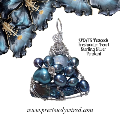 Pearl Peacock Sterling Wire Wrapped Triangle OOAK Pendant