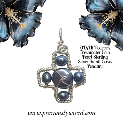 Pearl Peacock Coin Sterling Silver Small Cross OOAK Pendant
