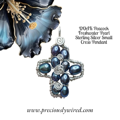 Pearl Peacock Sterling Silver Small Cross OOAK Pendant