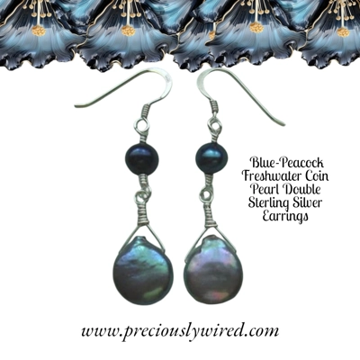 Pearl Coin Peacock Blue Double Sterling Earrings