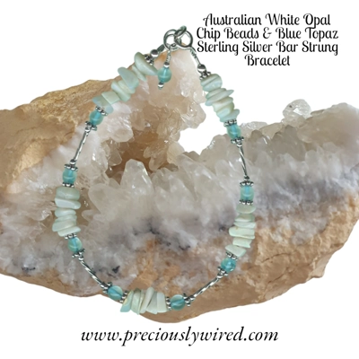 White Opal Chip & Blue Topaz Sterling Silver Bar Bracelet