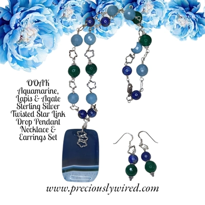 Aquamarine, Lapis & Agate Sterling Silver Twisted Star Link Drop OOAK Set