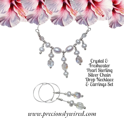 Crystals & Pearls Sterling Chain Drop Necklace Earrings Set