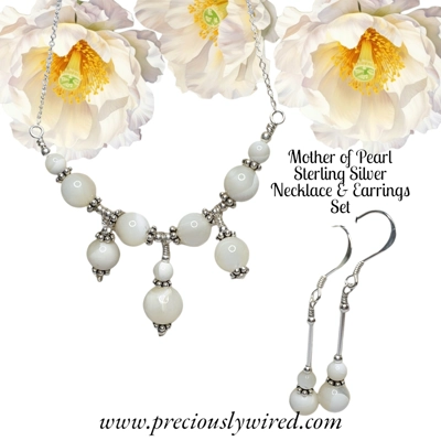 Mother of Pearl Sterling Chain Drop Necklace Earrings Set