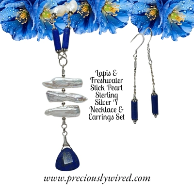 Lapis Stick Pearl Sterling Y Necklace Earrings Set
