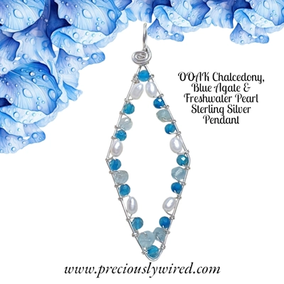 Chalcedony Agate Pearl Sterling Wire Wrapped Elongated Diamond OOAK Pendant