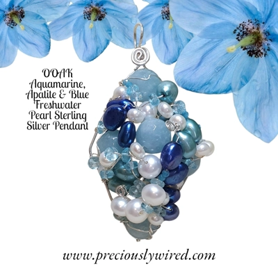 Aquamarine Apatite Blue Pearl Sterling Silver Wire Wrapped Diamond OOAK Pendant