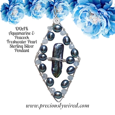 Aquamarine Peacock Pearl Sterling Silver Wire Wrapped Diamond OOAK Pendant