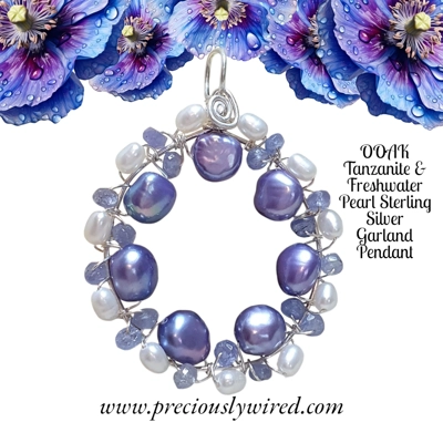 Tanzanite Pearl Sterling Wire Wrapped Garland OOAK Pendant