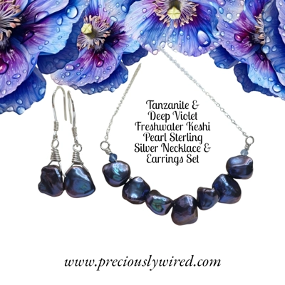 Tanzanite Keshi Pearl Deep Violet Sterling Silver Necklace Earrings Set