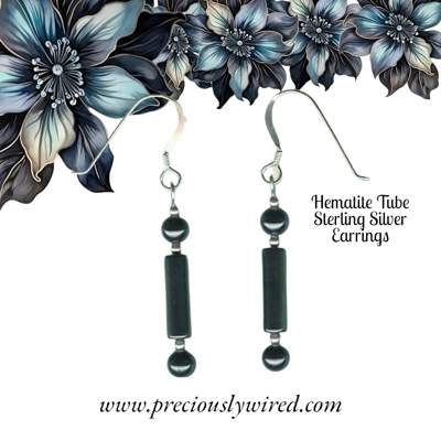 Hematite Tube Sterling Drop Earrings
