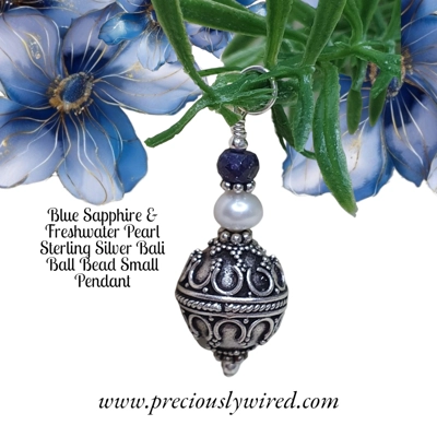 Sapphire Blue & Pearl Bali Ball Bead Sterling Pendant