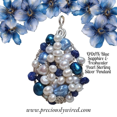 Sapphire Pearl Sterling Silver Oval OOAK Pendant