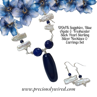 Sapphire, Blue Agate & Stick Pearl Sterling Chain Drop Necklace Earrings OOAK Set