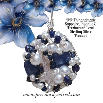 Sapphire Kyanite Pearl Sterling Wire Wrapped Round OOAK Pendant