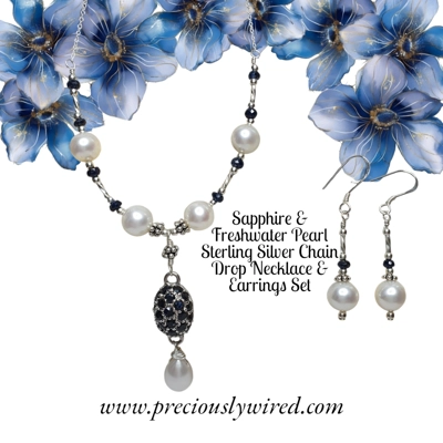 Sapphire Pearl Sterling Chain Drop Necklace Earrings Set