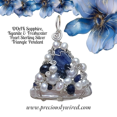Sapphire Kyanite Pearl Sterling Wire Wrapped Triangle OOAK Pendant
