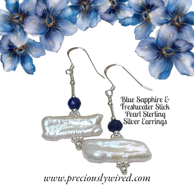 Sapphire Blue & Stick Pearl Sterling Earrings