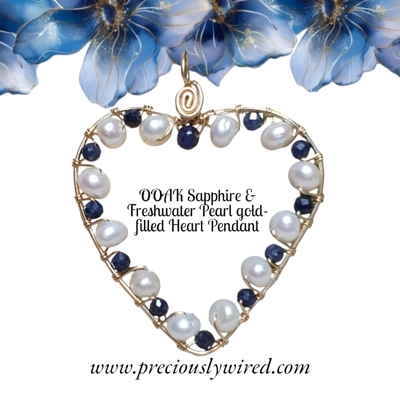 Sapphire Pearl 14kt gold filled Wire wrapped Heart OOAK Pendant