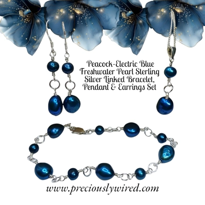 Pearl Peacock Blue Sterling Linked Set