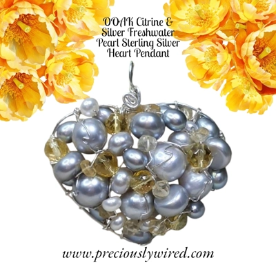Citrine Silver Pearl Sterling Silver Wire wrapped Heart OOAK Pendant