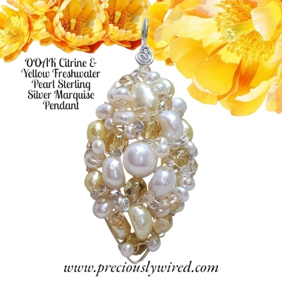 Citrine Yellow Pearl Sterling Silver Wire Wrapped Marquise OOAK Pendant