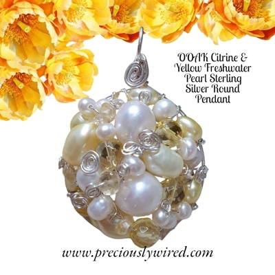 Citrine Yellow Pearl Sterling Silver Wire Wrapped Round OOAK Pendant