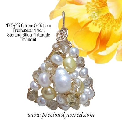 Citrine Yellow Pearl Yellow Gold Filled Wire Wrapped Triangle OOAK Pendant